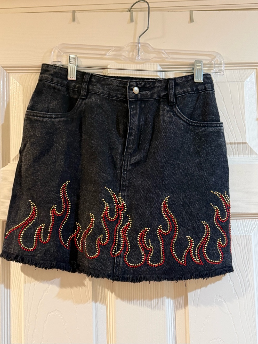 Honey Punch Black Denim Mini Skirt with Red & Gold Flame Studs